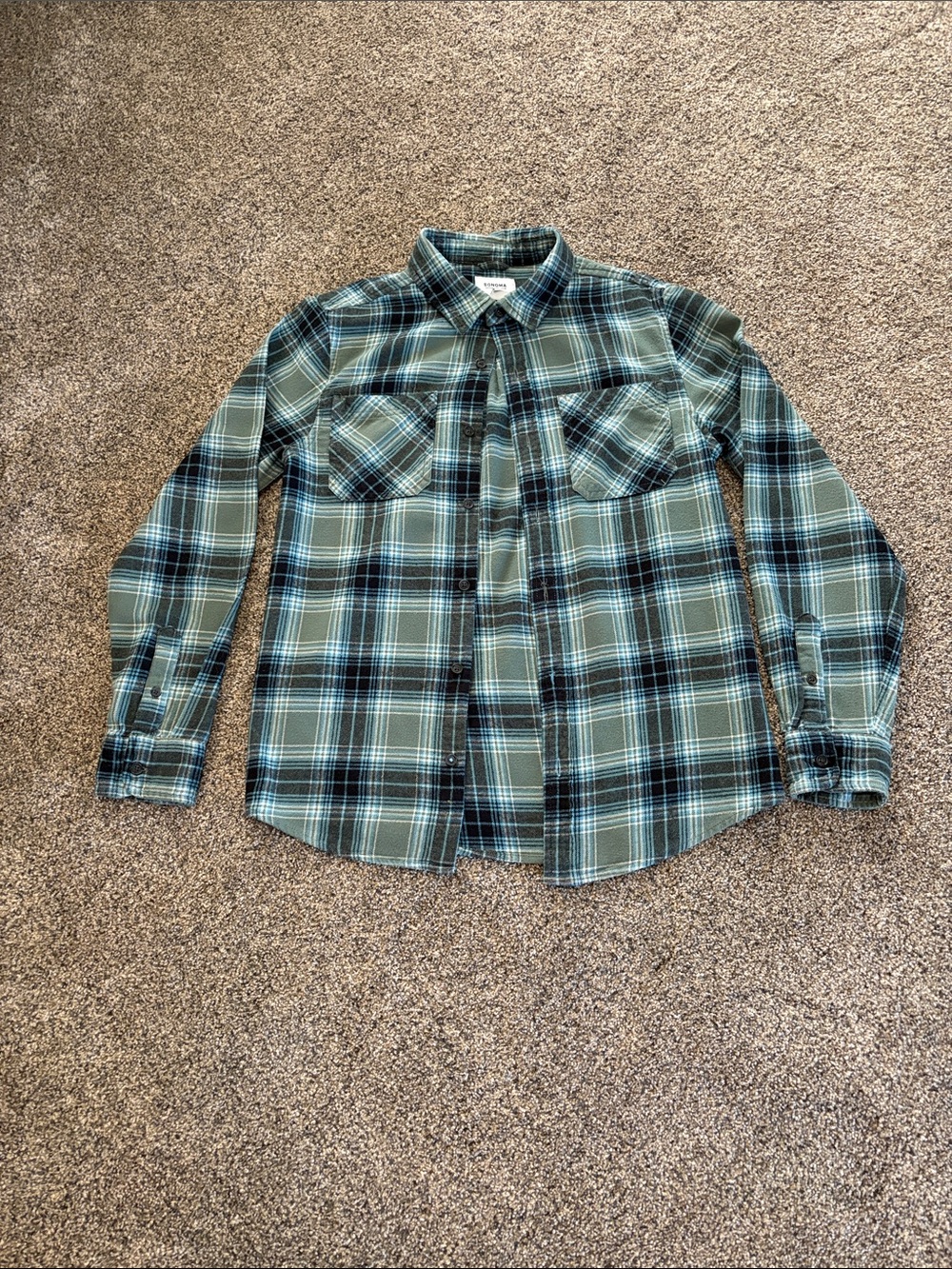 Boys Sonoma Green and Black Plaid Button-Down Shirt Size Large 12/14